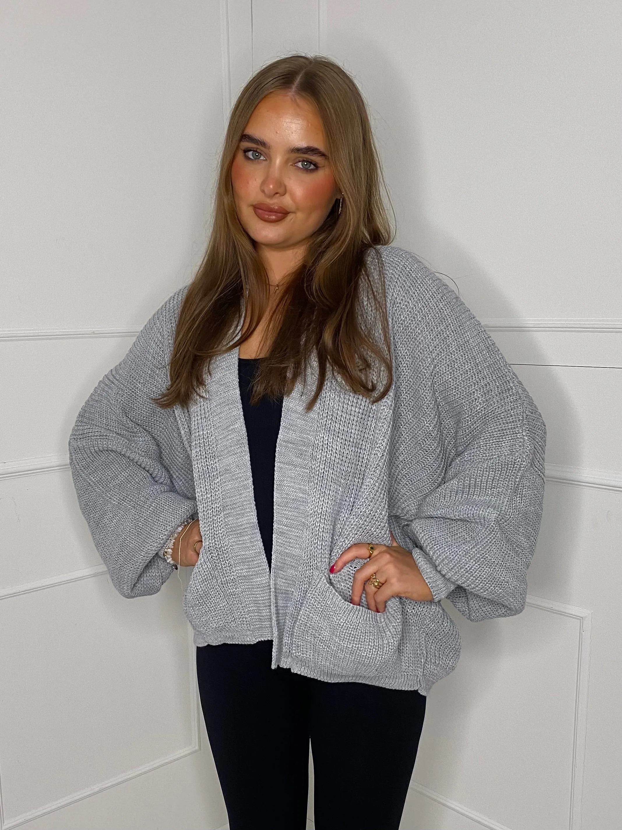 Balloon Sleeve Knitted Cardigan - Light Grey