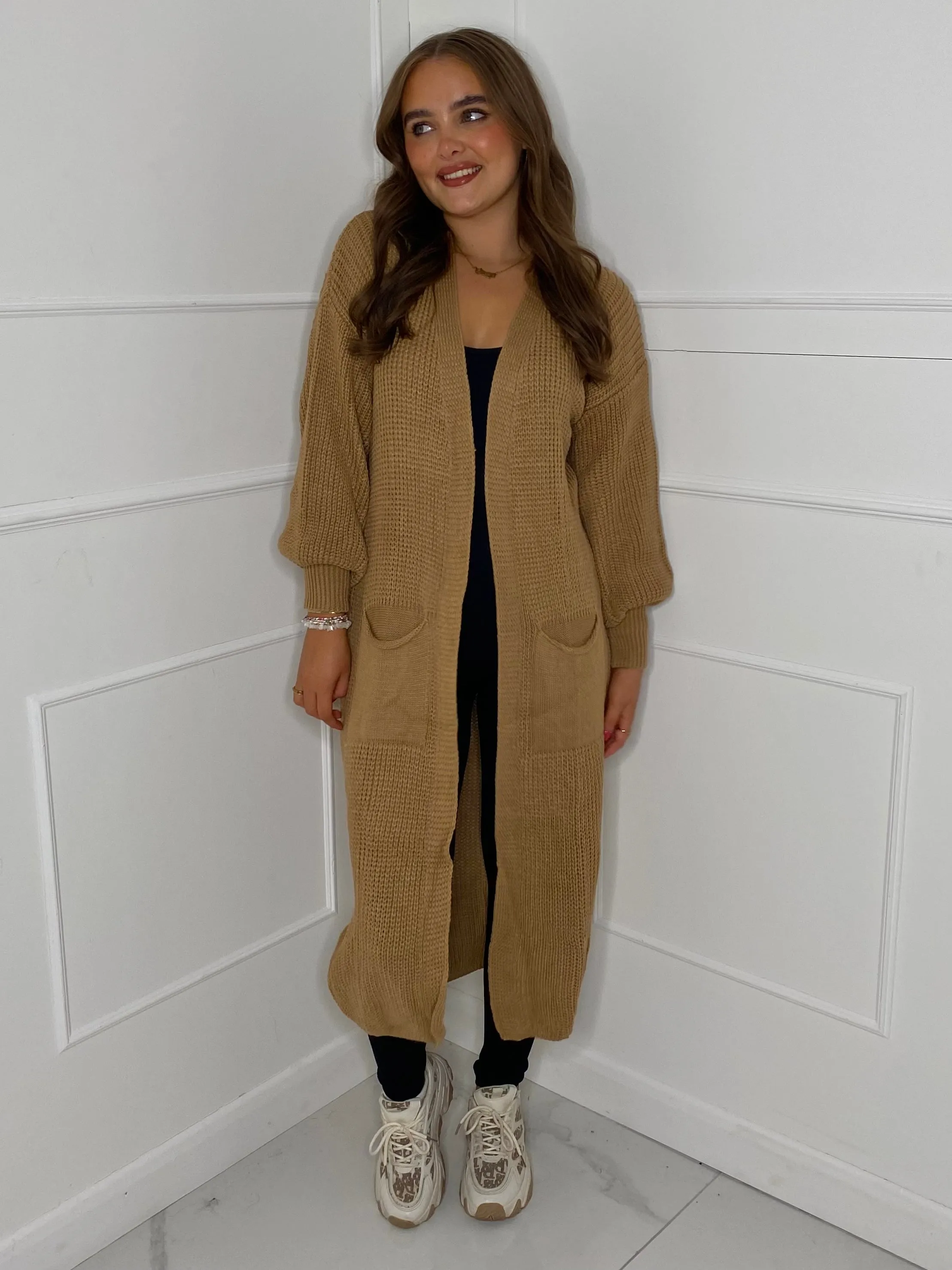 Balloon Sleeve Long Knitted Cardigan - Dark Beige