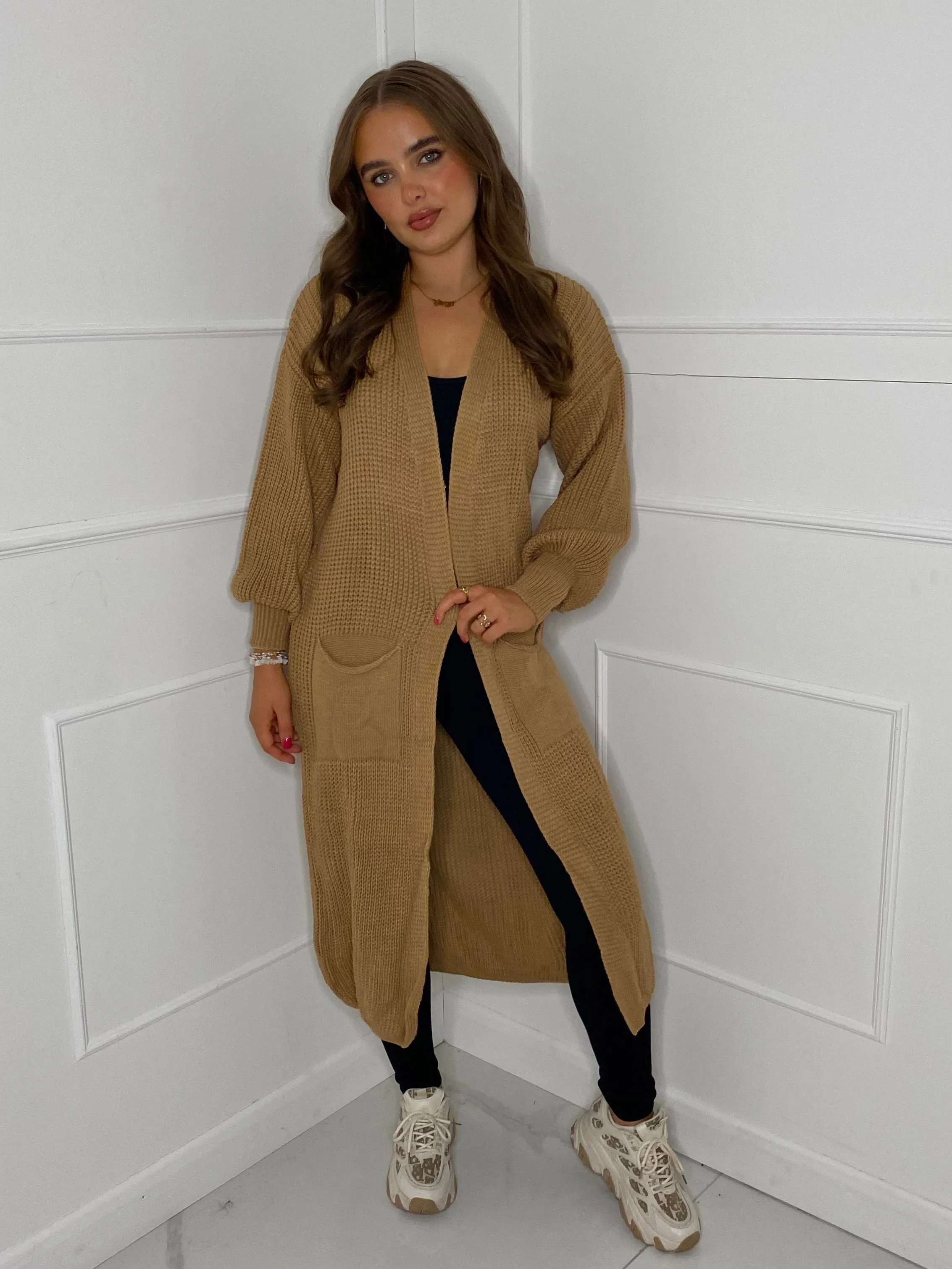 Balloon Sleeve Long Knitted Cardigan - Dark Beige