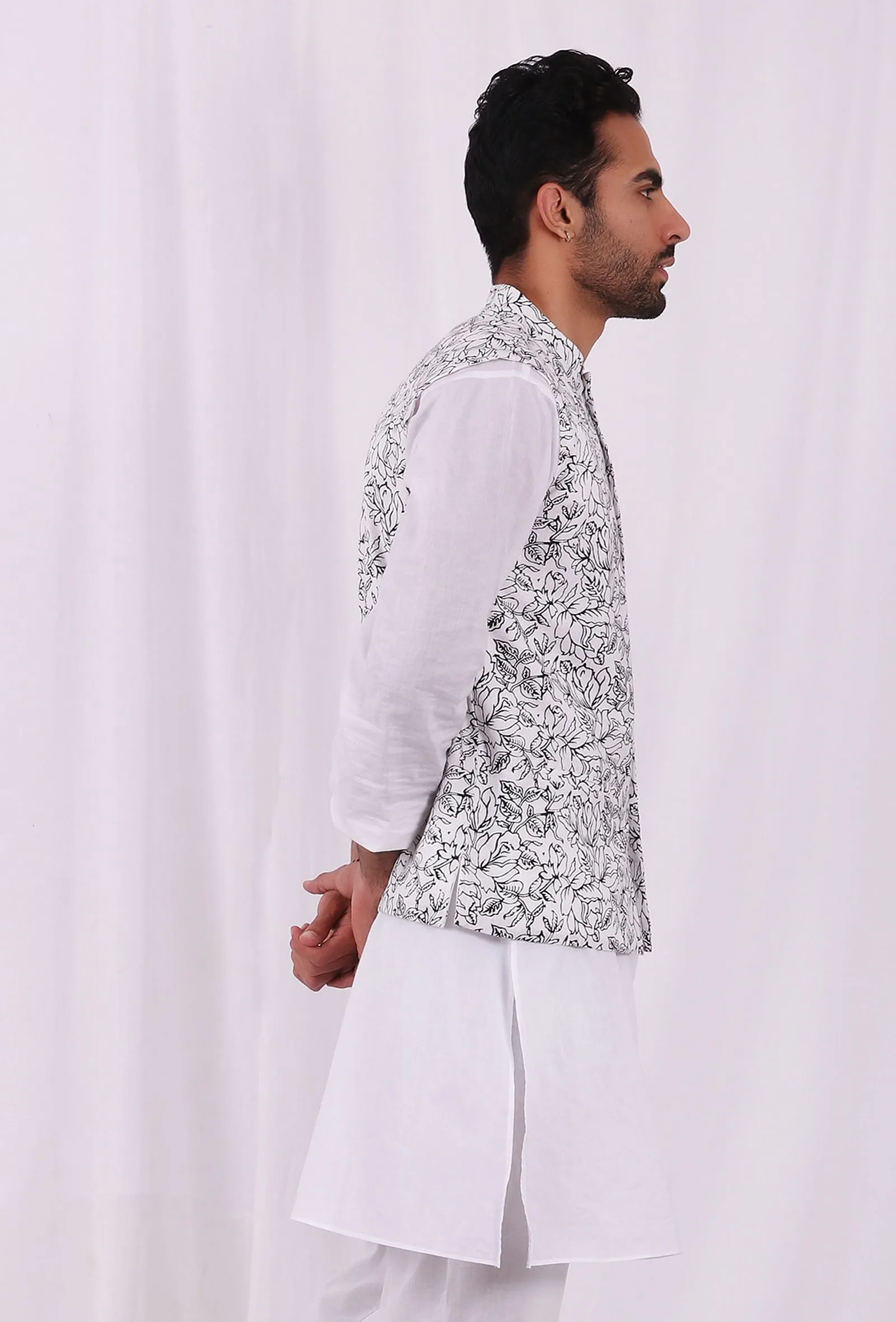 Black and White Floral Hand Block Cotton Nehru Jacket