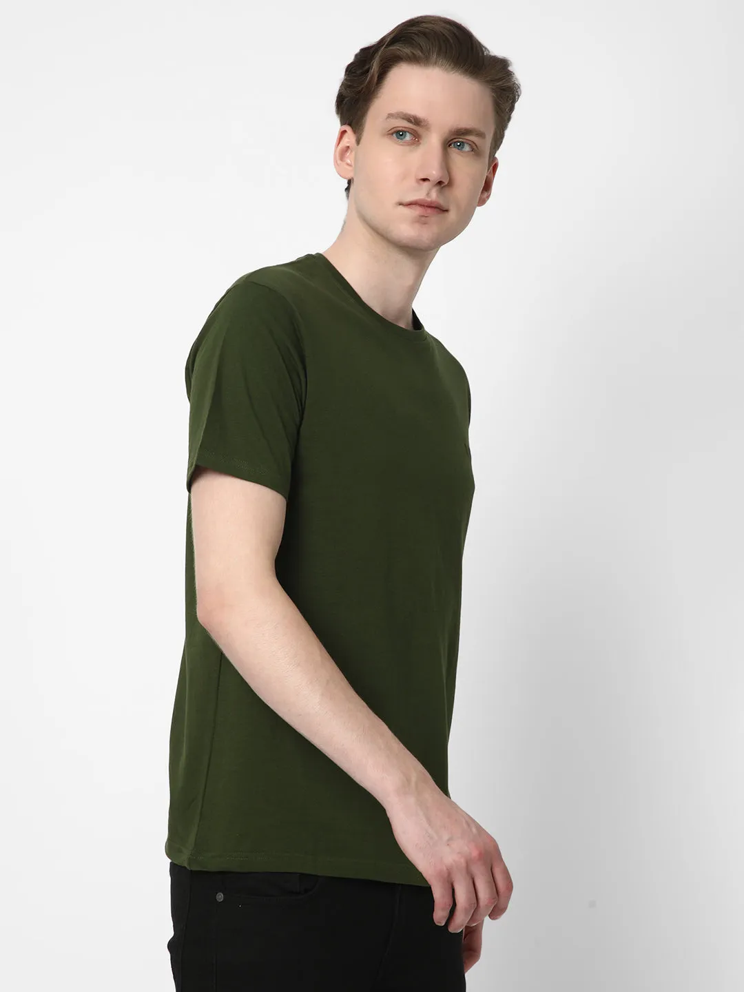 Cotstyle Cotton Fabrics Round Neck Short Length Plain Half Sleeve Casual & Daily Wear Men's T-Shirts -  Pack of 1 - Rifle Green