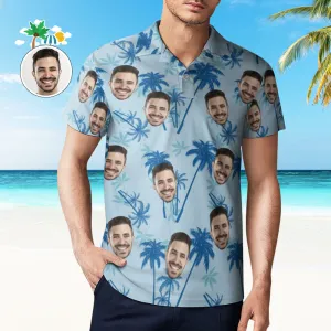 Custom Face Polo Shirts For Men Light Blue Hawaiian Style Golf Shirts