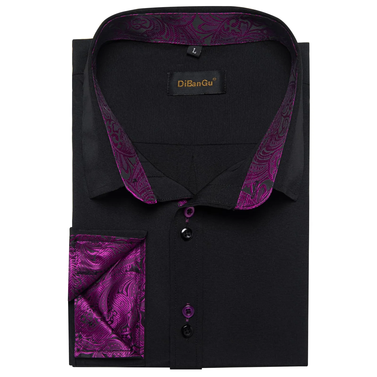 DiBanGu Mens Dress Shirt Black Solid Purple Floral Splicing Button Down Shirt