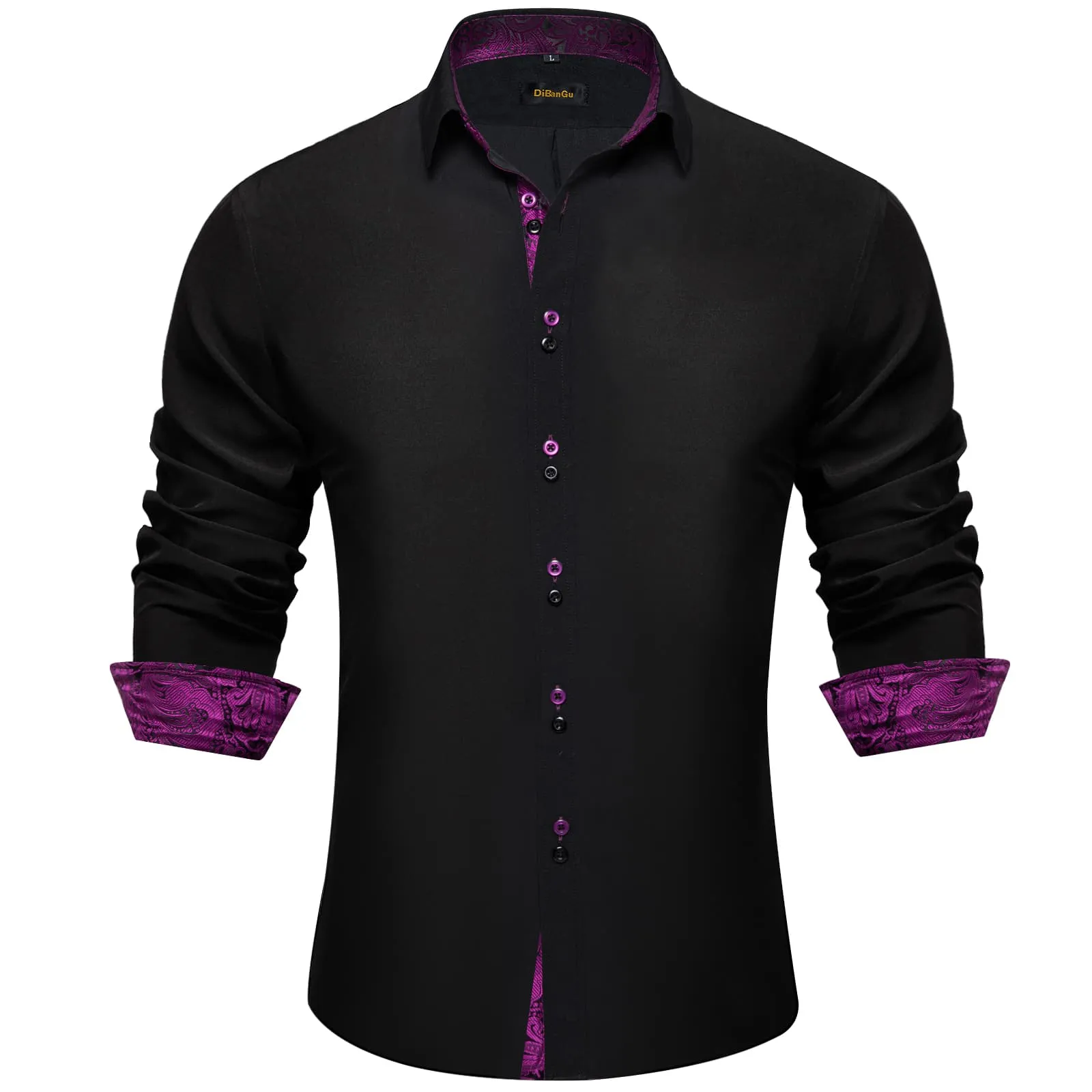 DiBanGu Mens Dress Shirt Black Solid Purple Floral Splicing Button Down Shirt