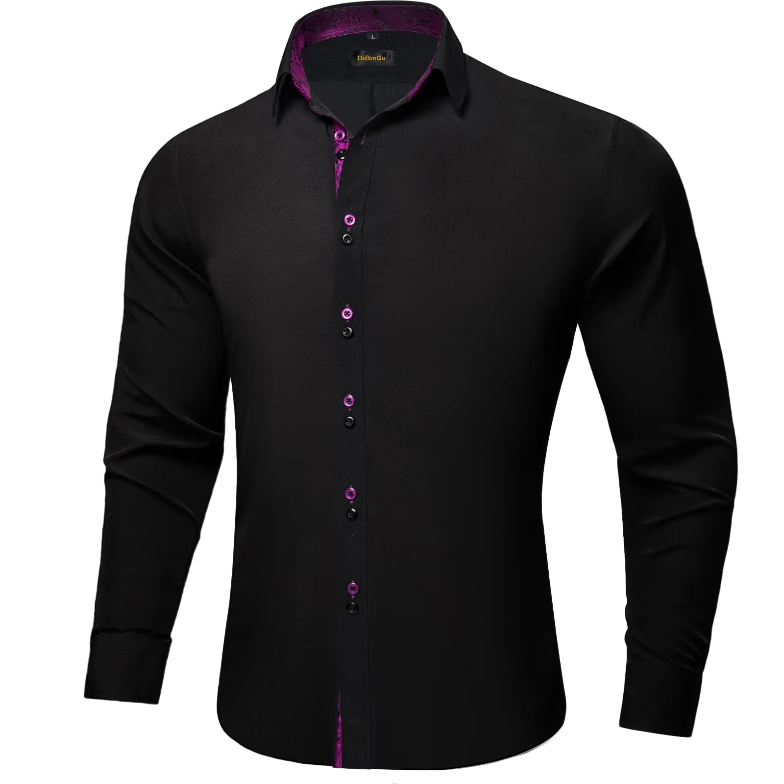 DiBanGu Mens Dress Shirt Black Solid Purple Floral Splicing Button Down Shirt