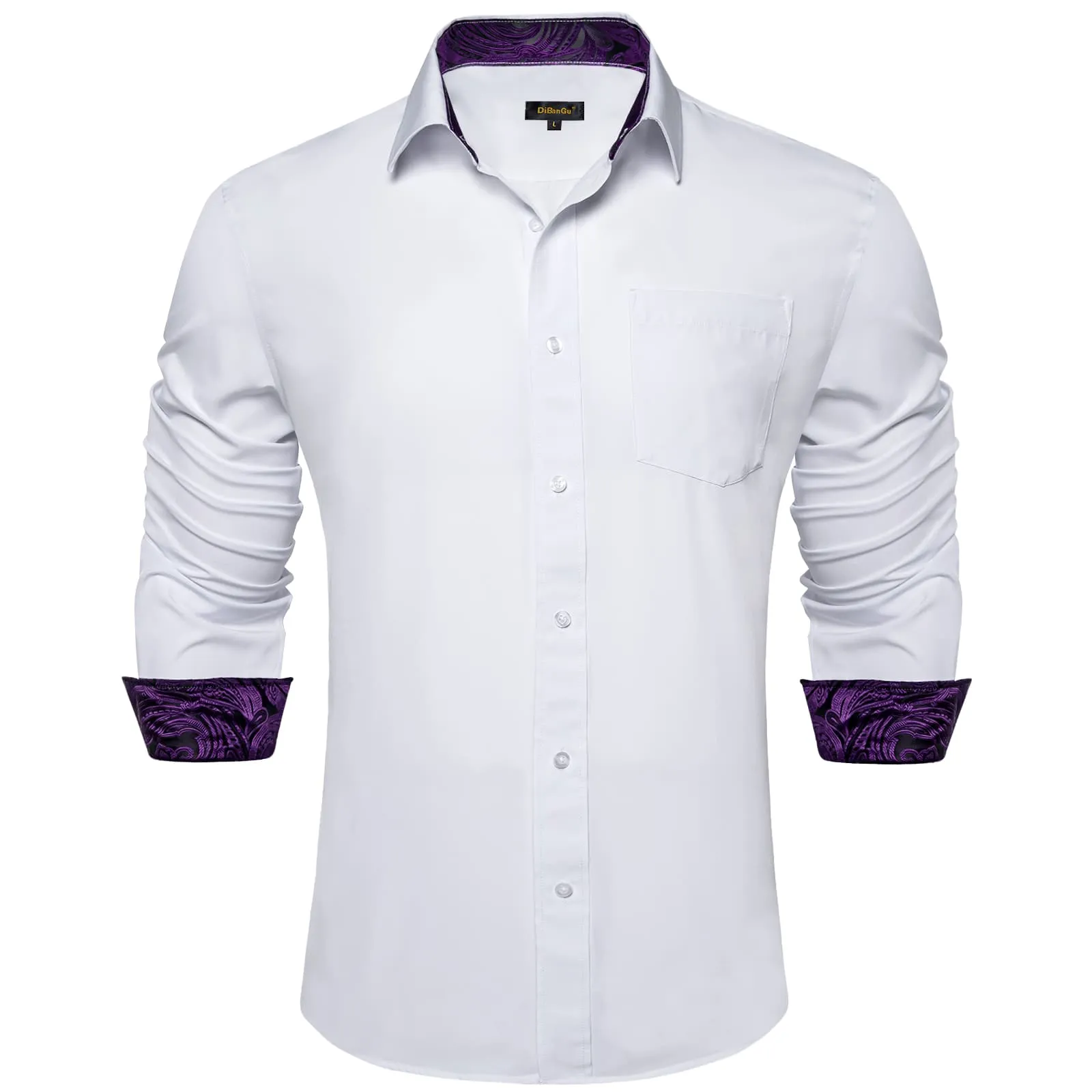 DiBanGu White Solid Splicing Purple Paisley Silk Mens Long Sleeve Shirt