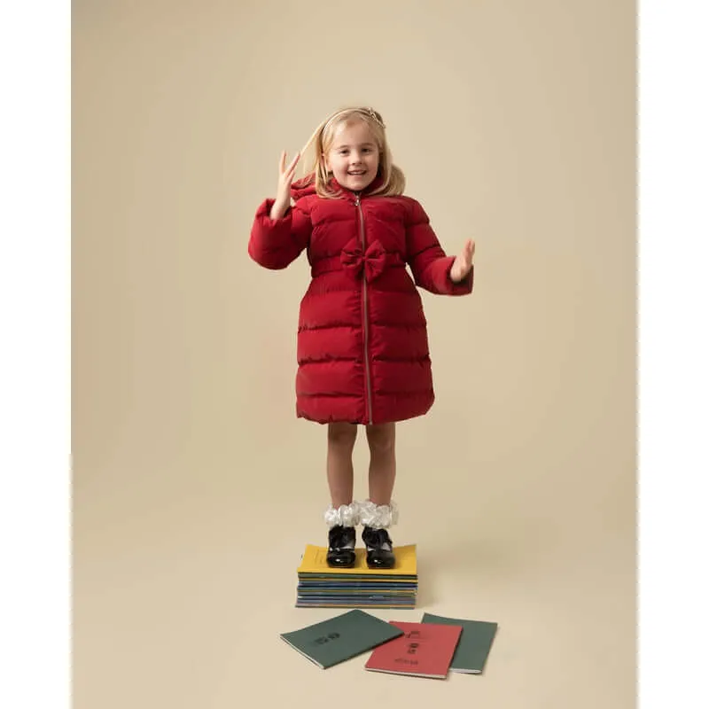 Girls Red Matt Puffer Jacket With Bow