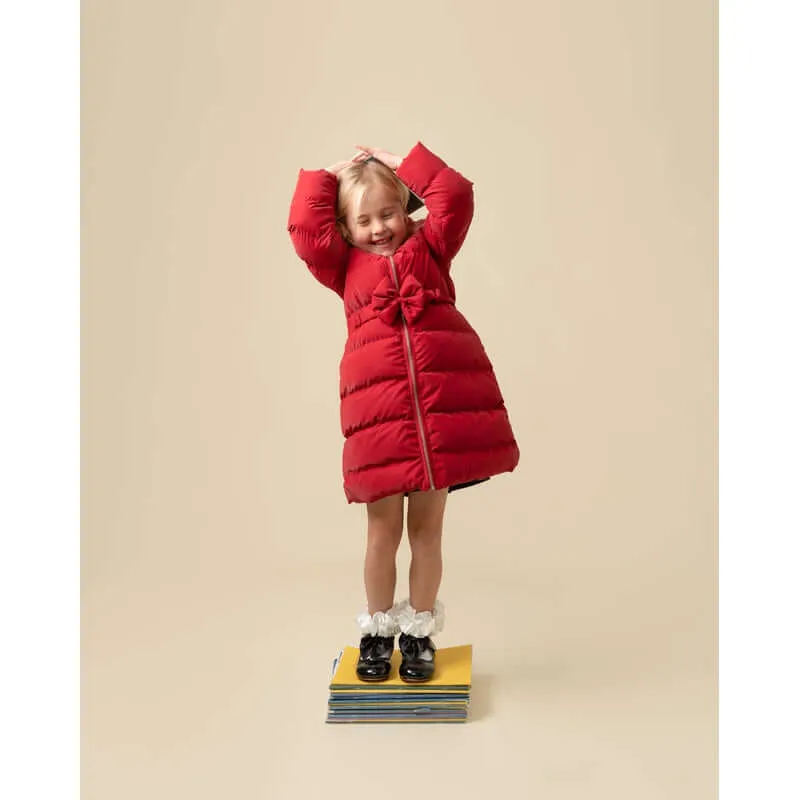 Girls Red Matt Puffer Jacket With Bow