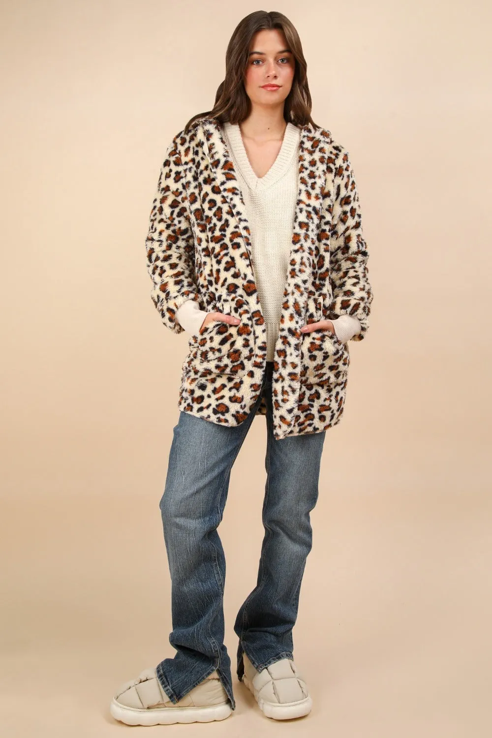 kesley VERY J Fuzzy Leopard Long Sleeve Hooded Jacket