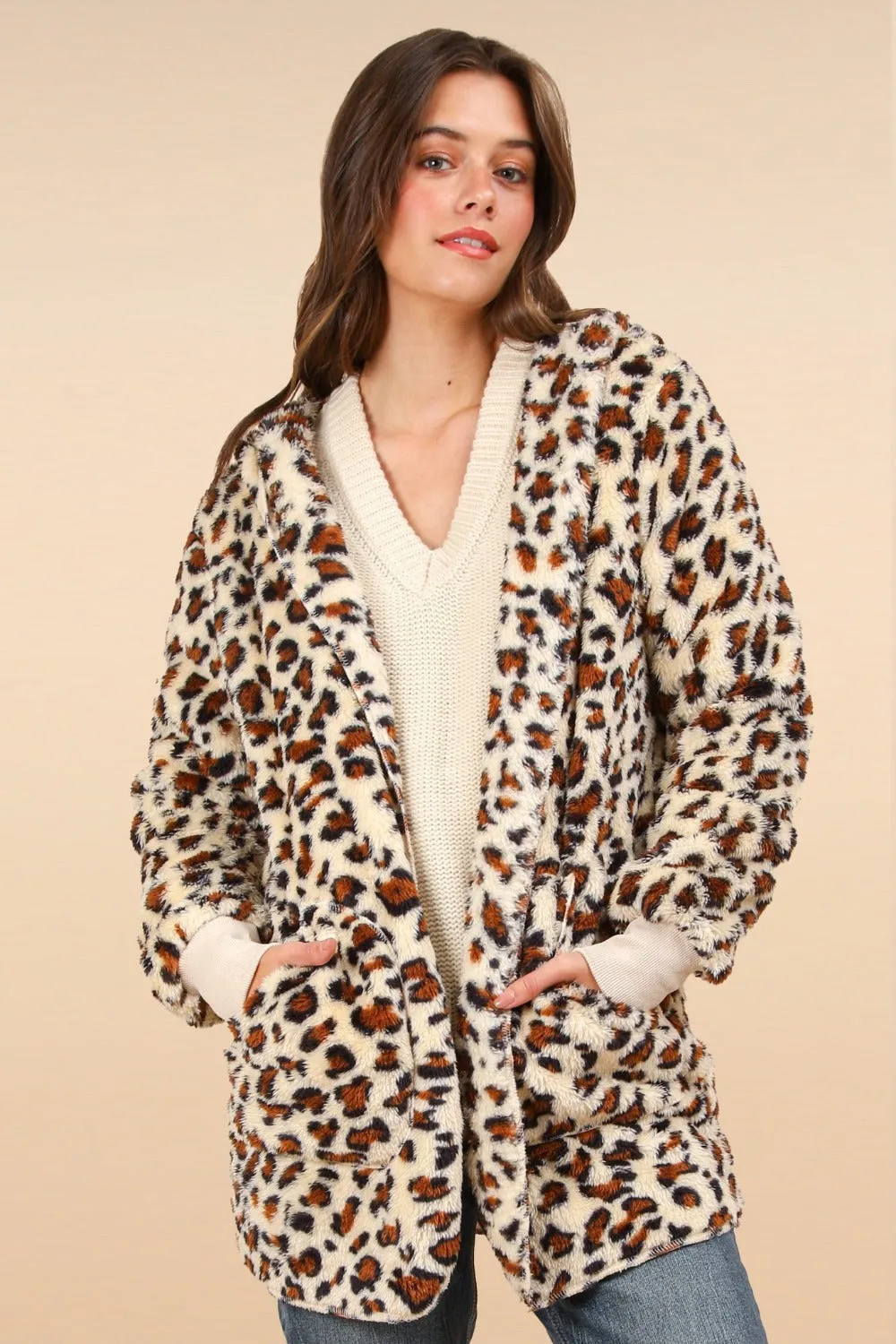 kesley VERY J Fuzzy Leopard Long Sleeve Hooded Jacket