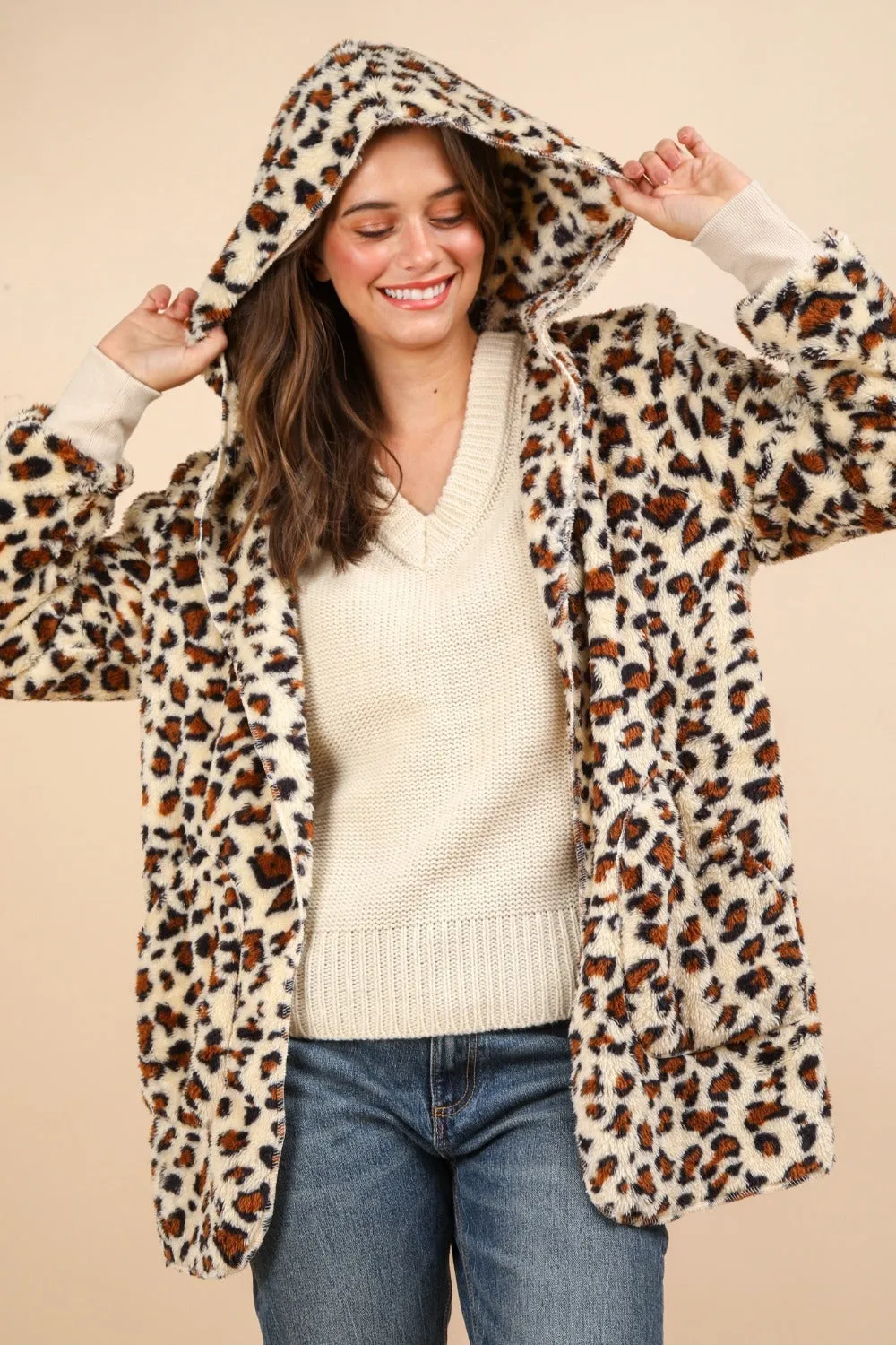 kesley VERY J Fuzzy Leopard Long Sleeve Hooded Jacket