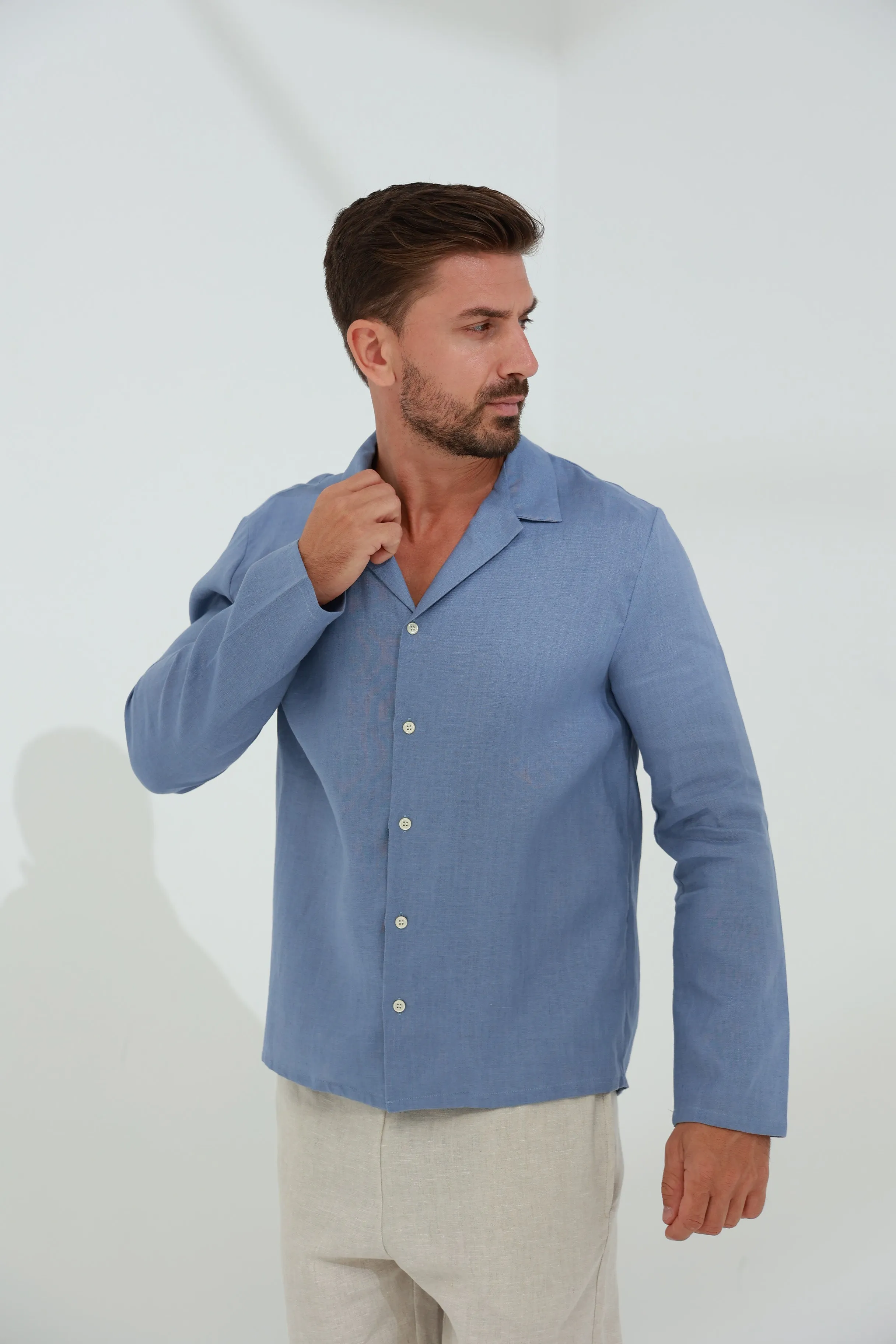 Occhi Men's Pure Linen Shirt Blue