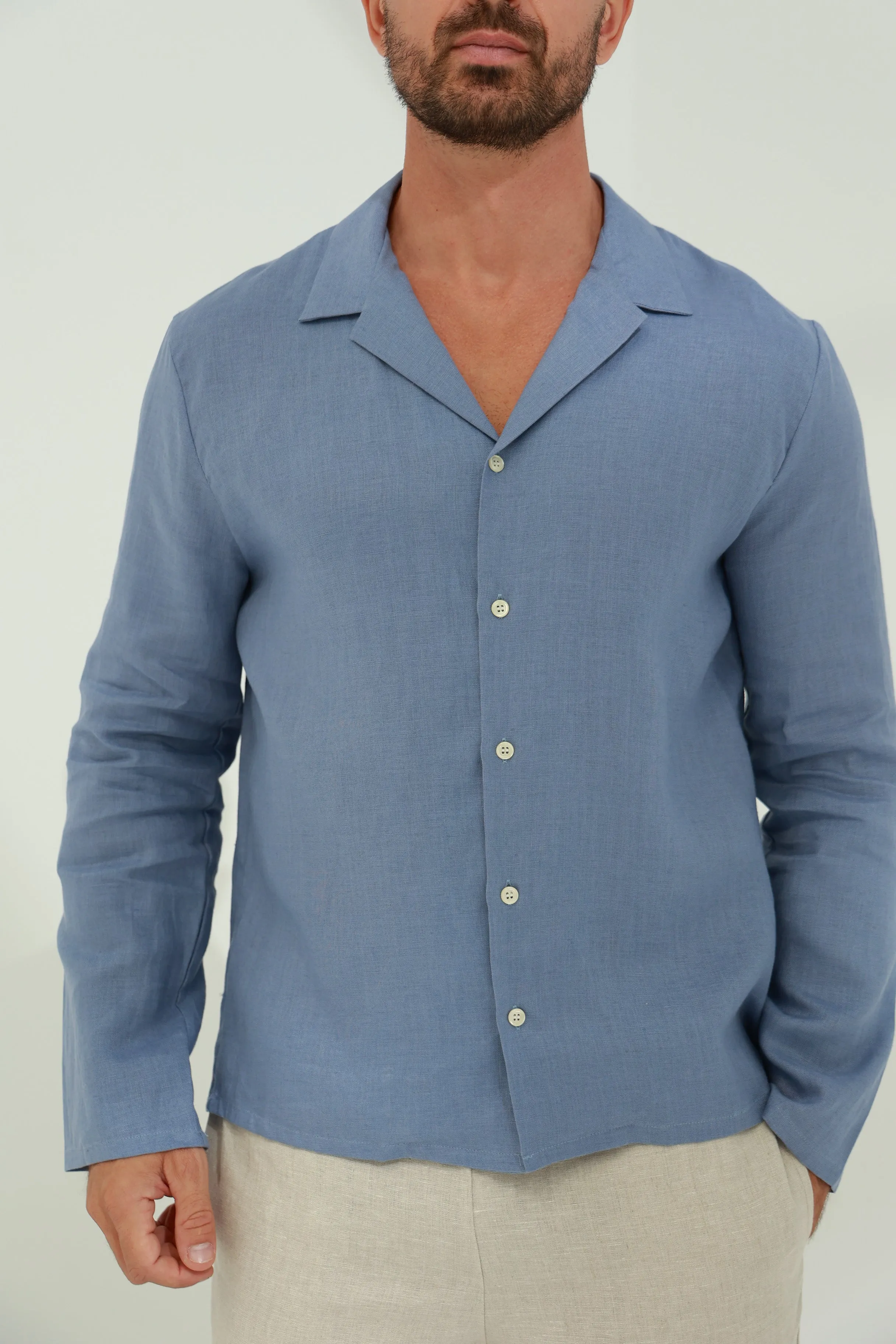 Occhi Men's Pure Linen Shirt Blue