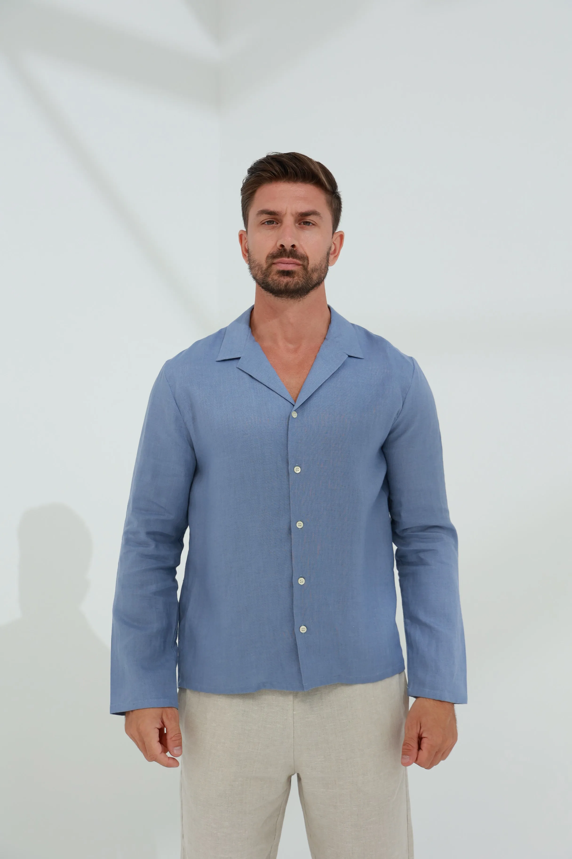 Occhi Men's Pure Linen Shirt Blue