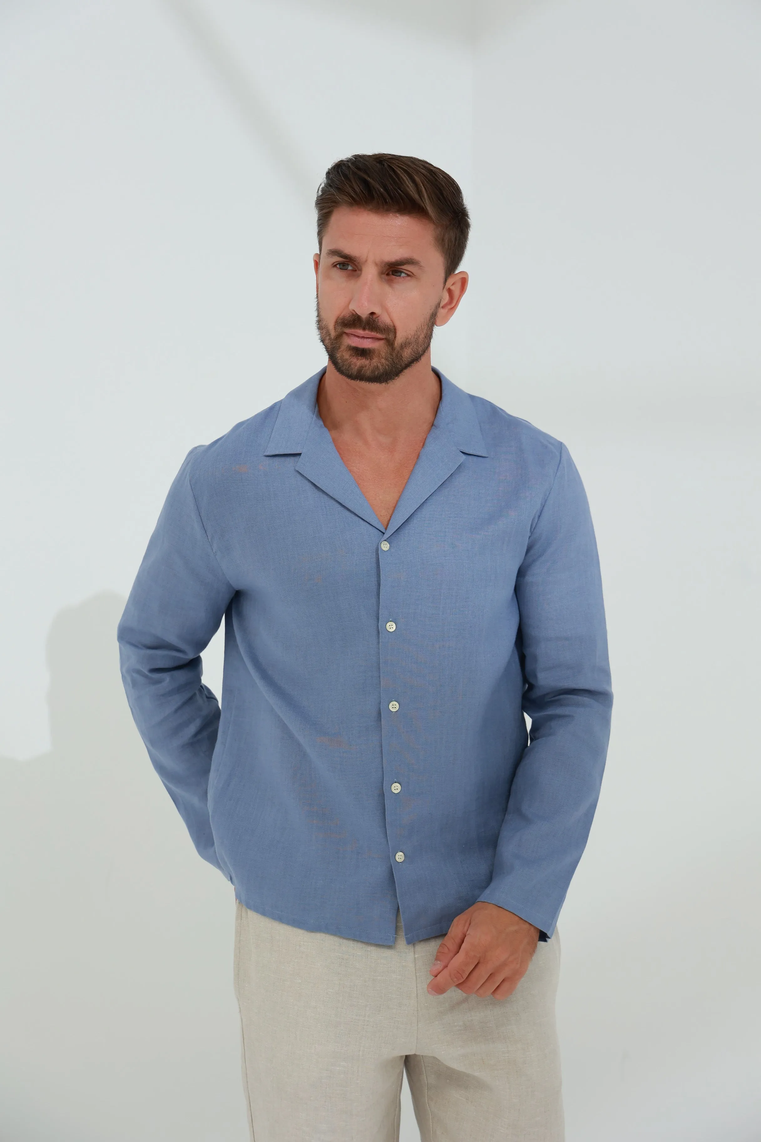 Occhi Men's Pure Linen Shirt Blue