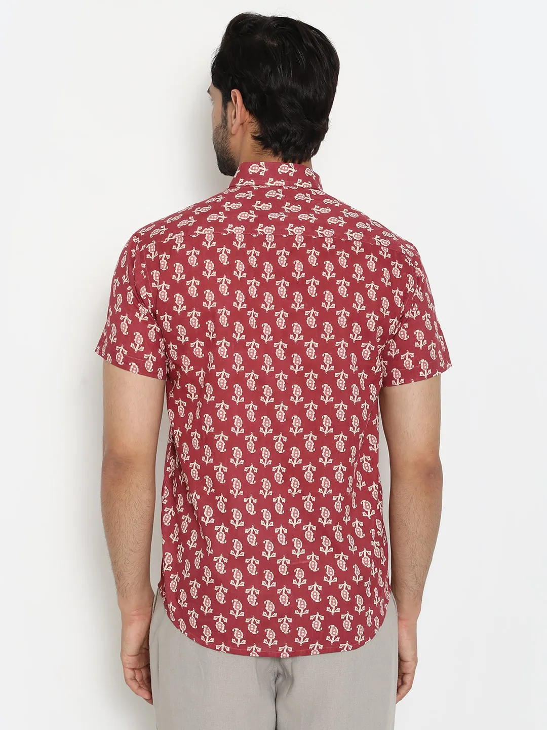 Red Short Sleeve Cotton Hand Block Printed Men’s Shirt