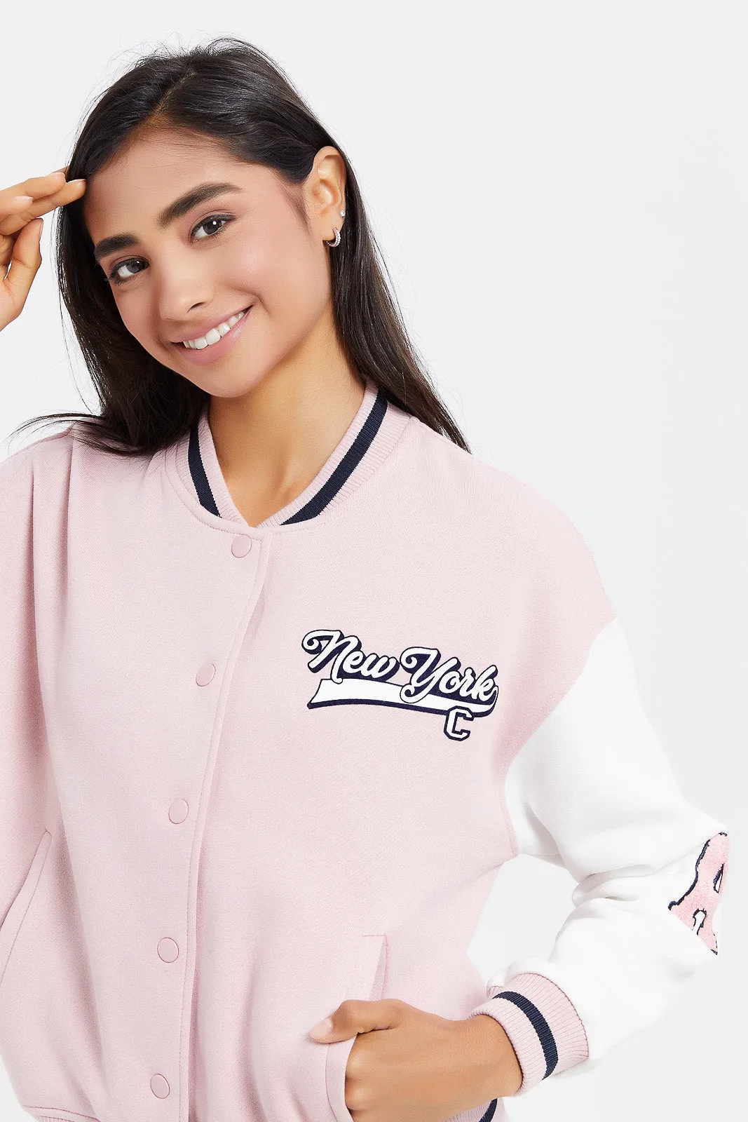 Senior Girls Pink And White Baseball Jackets